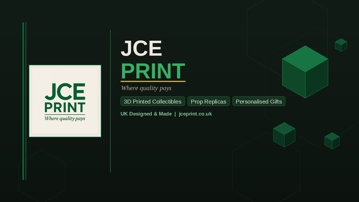 JCE Print branding for UK-designed 3D printed collectibles, prop replicas and personalised gifts